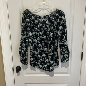 Crown & Ivy Navy and Green Off the Shoulder Blouse with Elephants